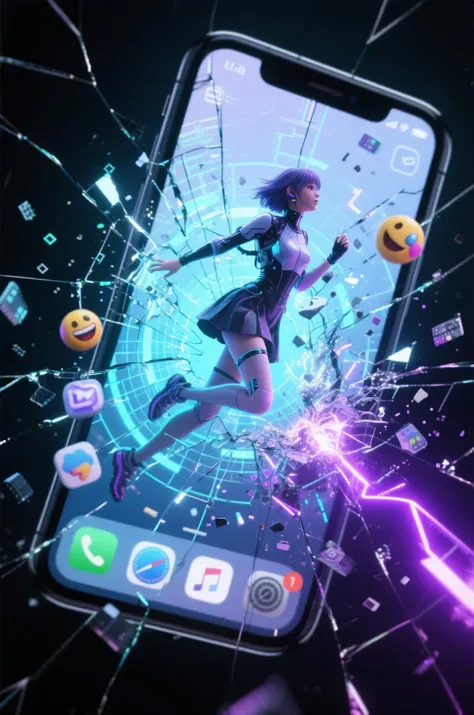(best quality:1.7), (masterpiece:1.6), (ultra detailed 8k:1.5),
[BREAKING PHONE SCREEN:1.6] (shattered glass cracks:1.4) (3D app icons bursting out:1.5),
(cyber girl leaping from screen:1.6) with (data stream particles:1.3) and (digital glitch effect:1.4),...