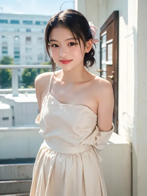 (resolution:1.2), nude:1.3, smile, elementary school girl, topless maid costume, upper body, ((arms behind back)), (子供:1.3), (night:1.3)