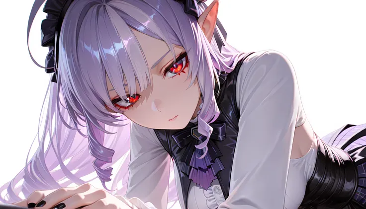 masterpiece,best quality,amazing quality, absurdres,  vivianZzz,red eyes,ahoge,streaked hair,black hairband,frilled hairband, purple hair,  hair bow, 1girl, black nails, breasts, fingernails, white background, long hair, looking at viewer, medium breasts, ...