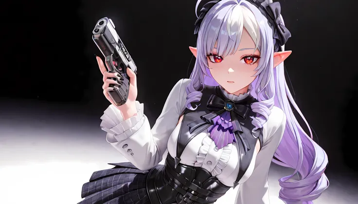 masterpiece,best quality,amazing quality, absurdres,  vivianZzz,red eyes,ahoge,streaked hair,black hairband,frilled hairband, purple hair,  hair bow, 1girl, black nails, breasts, fingernails, white background, long hair, looking at viewer, medium breasts, ...