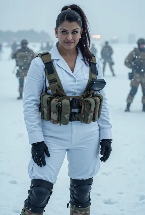 Full body photo of 50YO MATURE MILF AISHWARYA RAI as SEXY ARMY MILF SOLDIER, WEARING (((WHITE ARMY UNIFORM))), ((((DARK SMOKY EYE MAKEUP AND FALSE EYELASHES)))), COMBAT BOOTS, COMBAT GLOVES, KNEEPADS, CAMO PLATE CARRIER RIG, (((UNBUTTONED SHIRT EXPOSING CL...