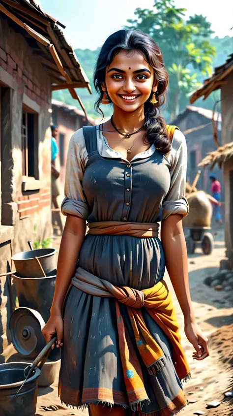 Dynamic photo of a ugly, bad looking girl(aiswarya Rai) smiling and helping of a labourer, at a village, realistic cinematic style, 4k ultra HD quality in 3D
