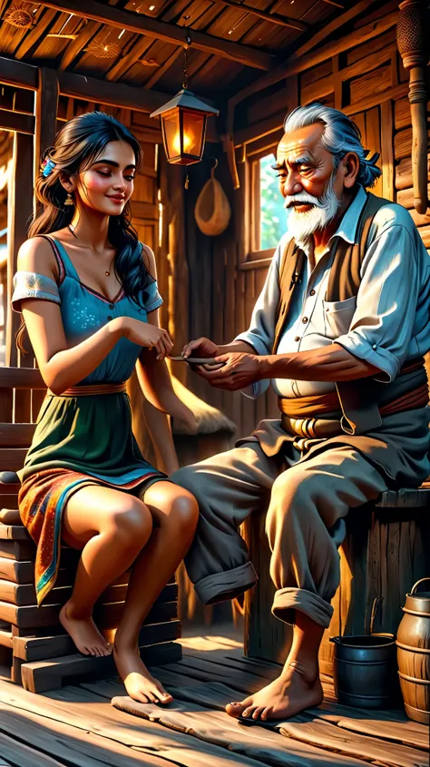 Dynamic photo of a ugly, bad looking girl(aiswarya Rai) is massaging the feet of an old man, in a hut, realistic cinematic style, 4k ultra HD quality in 3D, High Details, Cinematic, 3D Rendering,