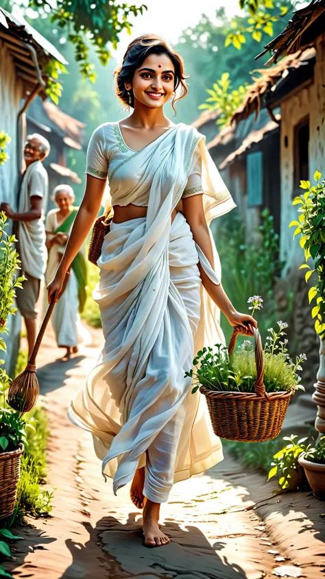 Dynamic photo of a ugly, bad looking girl(aiswarya Rai), wearing a simple white cotton saree, smiles gently as she helps an elderly man walk with a stick. She holds a basket of herbs, walking barefoot through the village with ren around her., realistic ci...