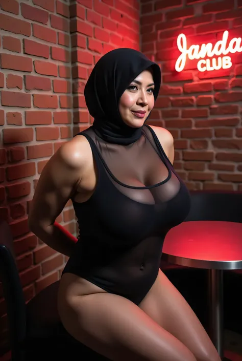 Dress up glam hair metal, very old lady Wearing Hijab perfectly ,  wearing Scoop Neck Sleeveless Superman translucent Bodysuits singlet swimsuit , (KEDUA BELAH TANGAN DILETAK LETAKKAN DIBELAKANG PUNGGUNG) PLEASE DON'T PUT ANYTHING ROPE!!!
   BBW HIJAB INDO...