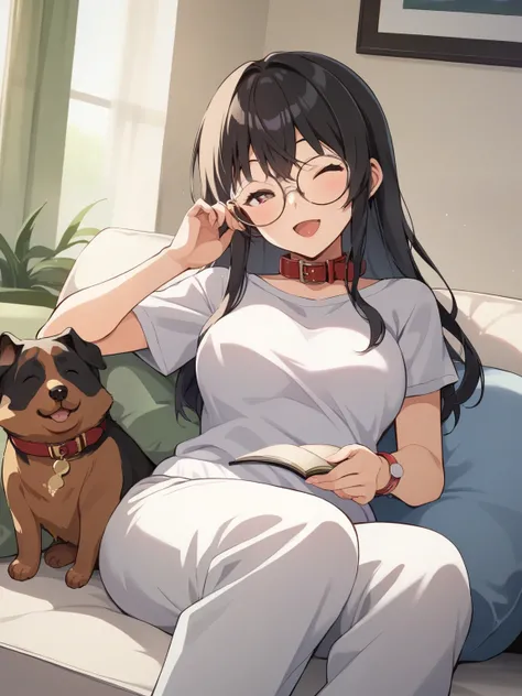 score_9, score_8_up, score_7_up, score_6_up, source_anime, nsfw，masterpiece，Highest Quality，anime-style illustration, 柔らかくレイヤーされたロングヘアの陽気な25歳のブロンド女性のミッドクローズup，wearing round reading glasses and a pale lavender knit cardigan over a white T-shirt and loose be...