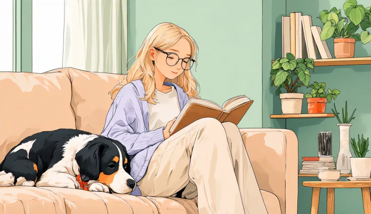 Anime-style illustration, mid-closeup of a cheerful 25-year-old blonde woman with a soft layered long haircut, wearing round reading glasses and a pale lavender knit cardigan over a white T-shirt and loose beige lounge pants. She sits relaxed on a long mod...