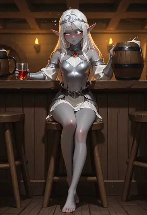 1girl, solo, hyper-detailed, ultra-detailed, masterpiece, good quality, best quality, very awa, very as2, absurdres, highres, 3d, elf, grey skin, pointy ears, silver tiara with a red gem, white eyes, shorty, sexy armor, , long white hair, drunk, tavern, bl...