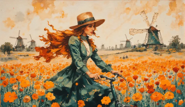 fashion illustration, illustration, fantasia surreal, Girl with long hair in the wind, ride a mint bike on a flowery field in the Dutch countryside, in the background old windmills complete the landscape. color palette Rusty Red, Antique Ruby, Dark Green...