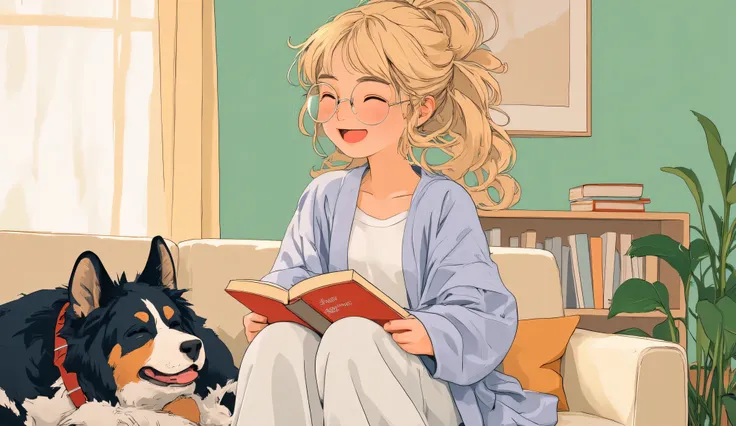 Anime-style illustration, mid-closeup of a cheerful 25-year-old blonde woman with a big messy bun and light blush on her cheeks, sitting on a modern long beige sofa. She’s wearing round reading glasses and a pale lavender knit cardigan over a white T-shirt...