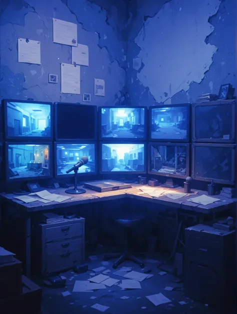 masterpiece, texture beautiful illustration, Abandoned room, security room, ruin, lots of , microphone on the table, papers