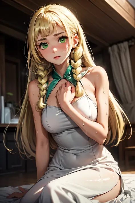 perfect anatomy　Highest Quality, highest resolution,(((shiny white dress　shiny blonde　long hair　braids　 green eyes　Shiny Skin　sweat)))　Lillie　flat breast　girl