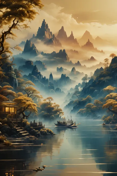Sunset on the lake, Impressionism, bright and vibrant colors, reflections, golden reed reflections, Heron Silhouette, A dramatic contrast,  and a foggy atmosphere , Distant Hills, 19th Century Charm, sharp concentration in nude clothes, Gold Leaf, Light Em...