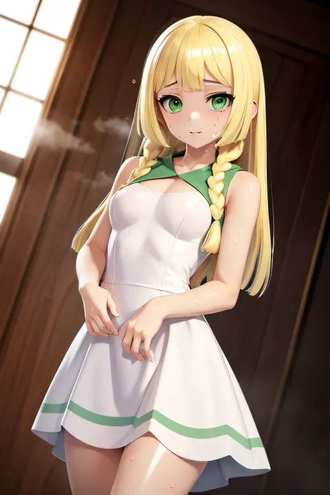 perfect anatomy　Highest Quality, highest resolution,(((shiny white dress　shiny blonde　long hair　braids　 green eyes　Shiny Skin　sweat)))　Lillie　flat breast　girl　flat breast