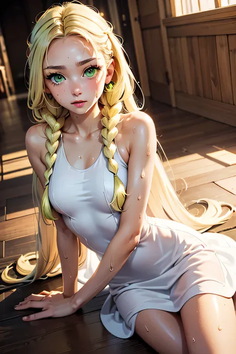 perfect anatomy　Highest Quality, highest resolution,(((shiny white dress　shiny blonde　long hair　braids　 green eyes　Shiny Skin　sweat)))　Lillie　flat breast　ren　flat breast