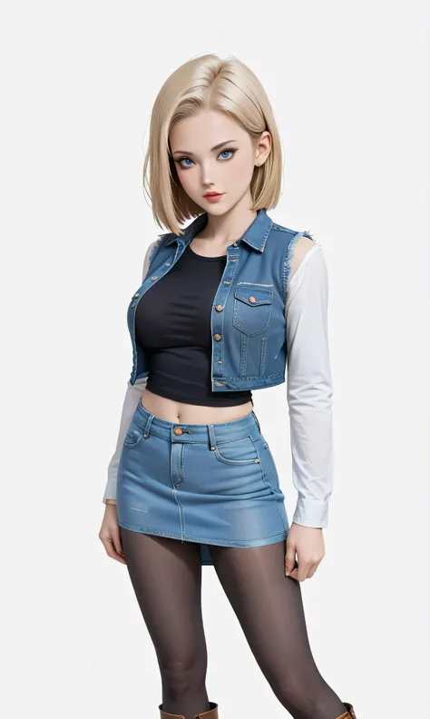 (One girl),  (Android 18), (Her body and eyes face forward), ((She sat on the steps of the bench in the forest park and outsideand lifts one side of her denim mini skirt)), ((Her belly button is clearly visible under the hem of her black shirt)), (She grab...