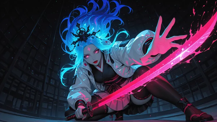 Girl, light jacket, neon color, glossy, glow, shine, She poses playfully on one knee, reaching out with one hand , skirts, more detail, intricate, view from below, back view, Woman, night, dark color pallette, holding katana, shining katana, iluminating ey...