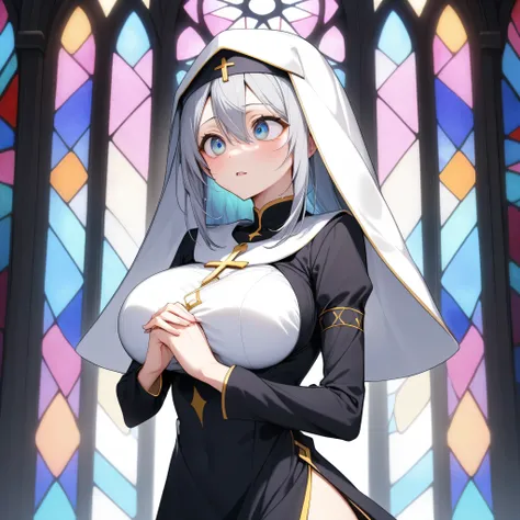 score_9, BREAK, stained glass, solo, (1 skinny priestess praying), (praying with clasping hands under chest), clasping both fists under chest, (bouncing huge breasts), perky breasts, {arched back}, BREAK, narrow waist, skinny legs, tight-fit long black rob...