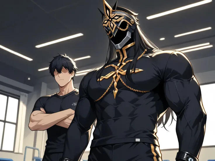 score_9, score_7_up, source_ Anime Ilcapitano , 1boy, Alone, male approach, BLACK HAIR, Long hair, Mascara, Faceless,  Masked man ,
 gym interior , modern gym, training environment, interior lighting,
tight black compression t-shirt,  black sports t-shirt ...