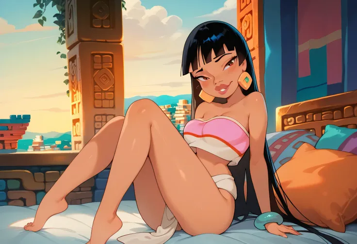 masterpiece, high detail, Chel ( The Road to El Dorado), a beautiful girl, a thin and tall girl, skinny, black eyes, black hair, bangs, smile, blushing, cinnamon skin, textured skin, breasts, slender legs, thin legs, barefoot, outfit, half body, pose sexy,...
