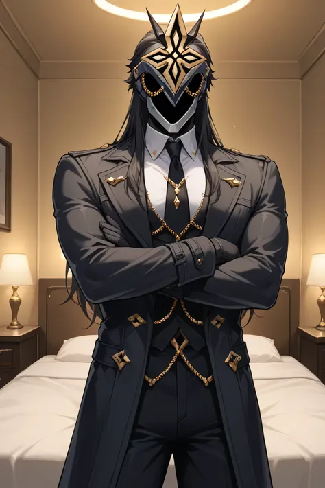score_9, score_7_up,  source _ Anime Ilcapitano , a boy, Alone, male approach, BLACK HAIR, Long hair, Mascara, Faceless,  Masked man ,
 Hotel room interior , Party atmosphere ,interior lighting,
white t-shirt with long sleeve buttons, black tie,black coat,...