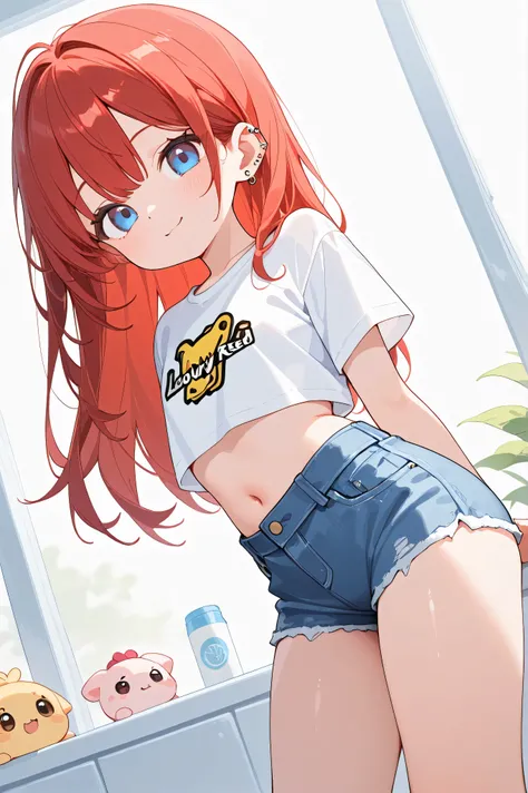 Adorable little thing standing just as she is with her Lovely red hair, Piercing blue eyes, white crop top tee and blue denim jean shorts