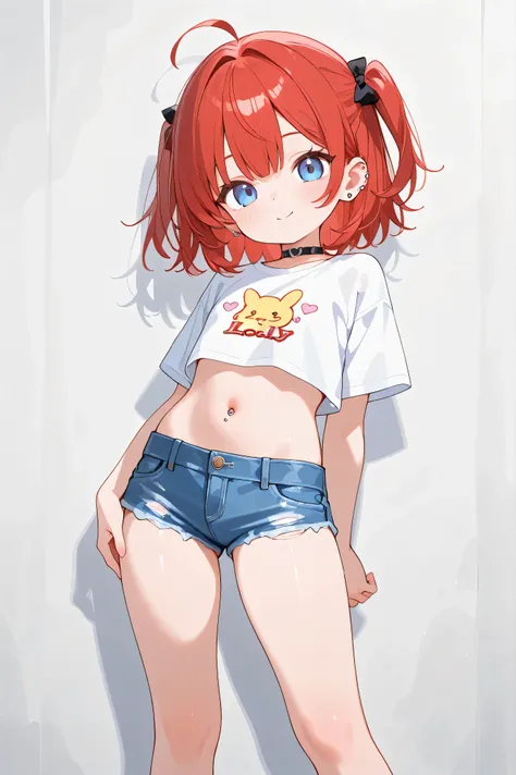 Adorable little thing standing just as she is with her Lovely red hair, Piercing blue eyes, white crop top tee and blue denim jean shorts