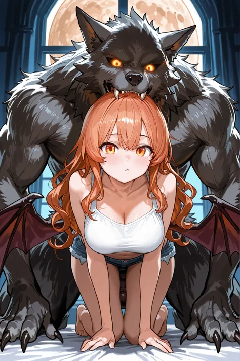A kneeling girl with long, wavy auburn hair, wearing white crop top and blue denim shorts, is Bent over in front of a large, werewolf creature with glowing eyes. The creature has dark fur, sharp claws, and bat-like wings, adding a fantasy element to the sc...