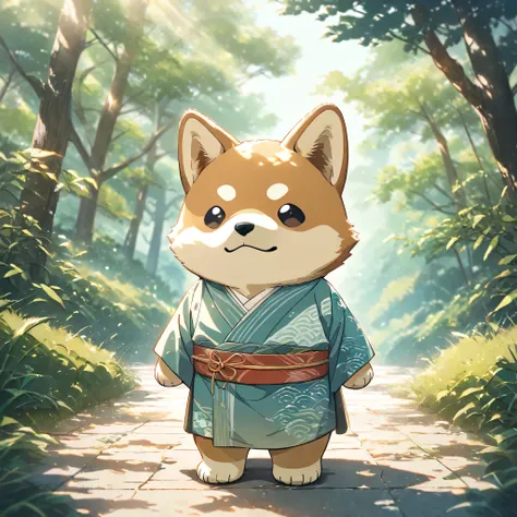 (masterpiece, best quality, ultra-detailed), a cute stylized anthropomorphic semi-human Shiba Inu with a rounded face, small black puppy-like eyes, short light brown fur with white markings, and symmetrical forward-facing ears. It is wearing a traditional ...