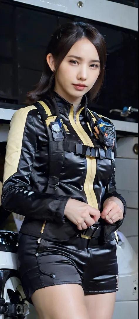 ( very realistic ), ( Highest Quality), ((round, SMALL AND PRECISE FACE )),black gloves, Watch,dark eyes,short shorts,black shorts, boots, gloves,jacket,shorts, black hair ,Big Breasts,Big Breasts,Adult Female , Her breasts are so big and plump, Her...