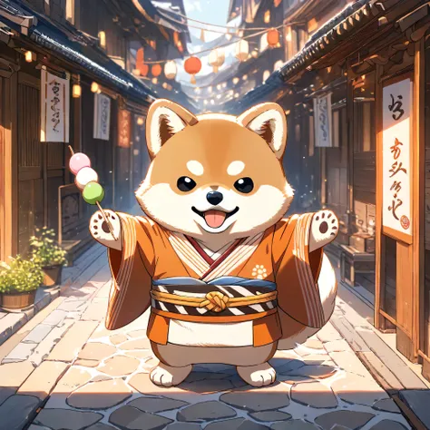 (masterpiece, best quality, ultra-detailed), a cute stylized anthropomorphic semi-human Shiba Inu with a rounded face, small black puppy-like eyes, short light brown fur with white markings, and symmetrical forward-facing ears. It is wearing a traditional ...
