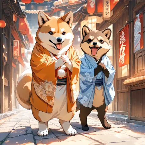 (masterpiece, best quality, ultra-detailed), a cute stylized anthropomorphic semi-human Shiba Inu with a rounded face, small black puppy-like eyes, short light brown fur with white markings, and symmetrical forward-facing ears. It is wearing a traditional ...