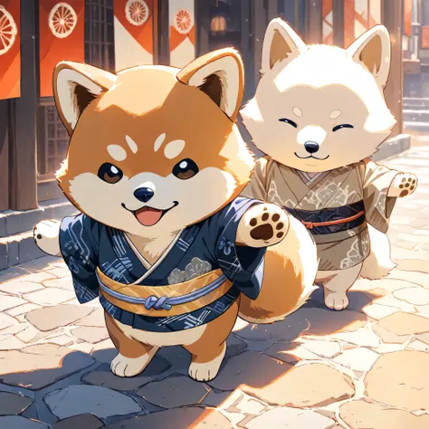 (masterpiece, best quality, ultra-detailed), a cute stylized anthropomorphic semi-human Shiba Inu with a rounded face, small black puppy-like eyes, short light brown fur with white markings, and symmetrical forward-facing ears. It is wearing a traditional ...