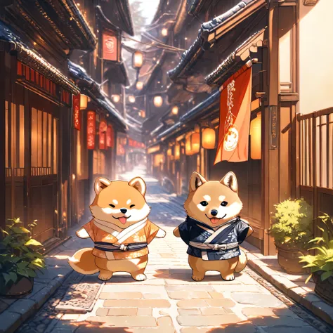 (masterpiece, best quality, ultra-detailed), a cute stylized anthropomorphic semi-human Shiba Inu with a rounded face, small black puppy-like eyes, short light brown fur with white markings, and symmetrical forward-facing ears. It is wearing a traditional ...