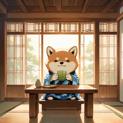 (masterpiece, best quality, ultra-detailed), a cute stylized anthropomorphic semi-human Shiba Inu with a rounded face, small black puppy-like eyes, short light brown fur with white markings, and symmetrical forward-facing ears. It is wearing a traditional ...
