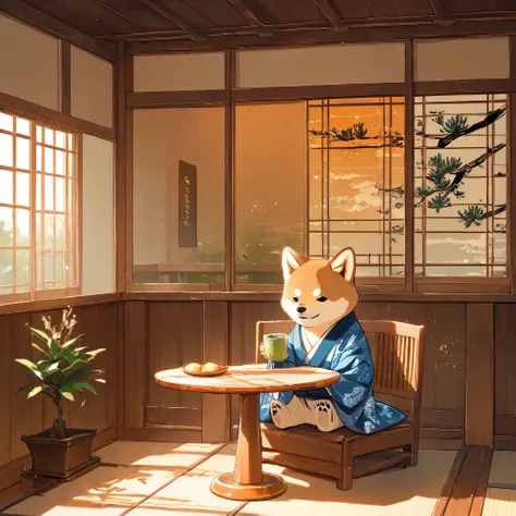 (masterpiece, best quality, ultra-detailed), a cute stylized anthropomorphic semi-human Shiba Inu with a rounded face, small black puppy-like eyes, short light brown fur with white markings, and symmetrical forward-facing ears. It is wearing a traditional ...