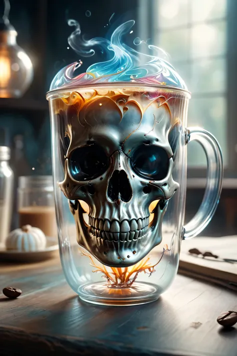 Create a whimsical, colorful, ethereal, enchanting, magical, combining a double exposure effect with transparent imagery, merging the two images, so they blend seamlessly, the image of a dreamlike transparent coffee cup in the foreground on a table, and in...