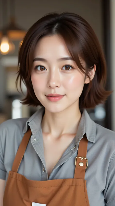 8k, Masterpiece, Top Quality, medium close-up, frontal view, beautiful Korean woman, short brown bob, soft waves, fair skin, light brown eyes, gentle smile, natural makeup, soft pink lips, grey short-sleeved collared shirt, brown apron with white tag, indo...