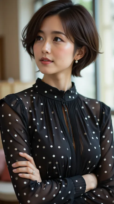 8k, Masterpiece, Top Quality, medium shot, angled view, beautiful Korean woman, short dark brown textured pixie cut, fair skin, dark brown eyes, composed expression, natural makeup, subtle lip color, deep black blouse with bright white polka dots, high gat...