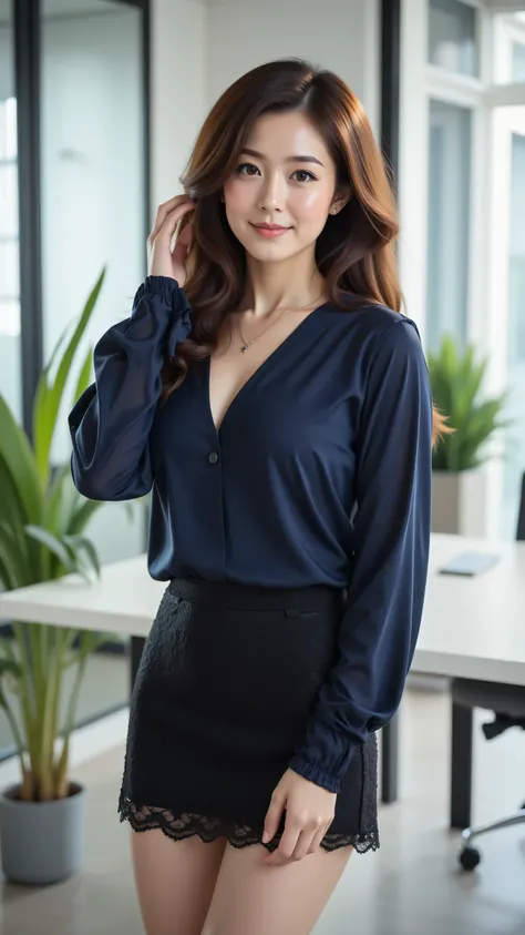 8k, Masterpiece, Top Quality, full shot, angled view, beautiful Korean woman, long dark brown wavy hair, hand in hair, fair skin, dark brown eyes, gentle expression, natural makeup, deep navy blue long-sleeved shirt, black lace mini skirt, black sheer stoc...
