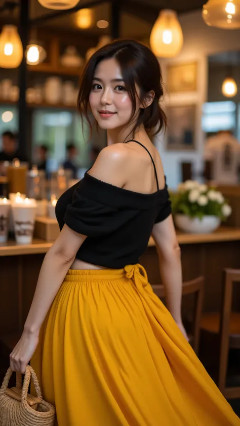 8k, Masterpiece, Top Quality, medium long shot, beautiful Korean woman, turning, looking over shoulder, dark brown messy updo, windswept strands, engaging expression, deep black boat neck top, vibrant yellow flowing maxi skirt, carrying woven cane handbag,...