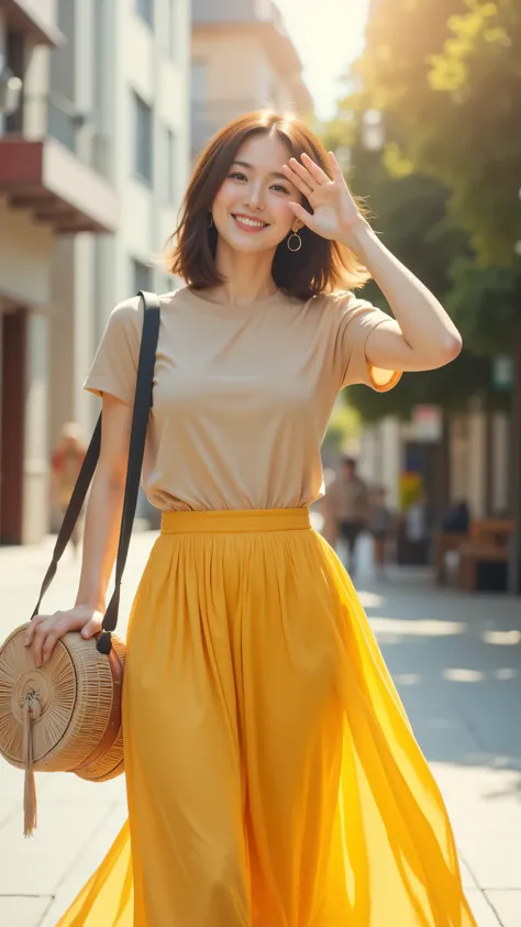 8k, Masterpiece, Top Quality, full shot, beautiful Korean woman, smiling, hand shielding eyes from sun, short brown wavy hair, vibrant yellow flowing skirt, beige T-shirt, carrying round woven handbag with scarf tied to it, crossing sunlit street, urban background with buildings and trees, bright daylight.
