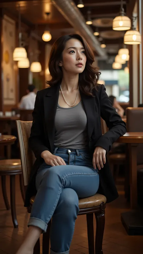8k, Masterpiece, Top Quality, medium shot, beautiful Korean woman, pensive expression, looking upwards to side, medium-length dark brown wavy hair, grey T-shirt, dark blazer, rolled-up blue denim jeans, pearl necklace, burgundy high heels, sitting at high ...