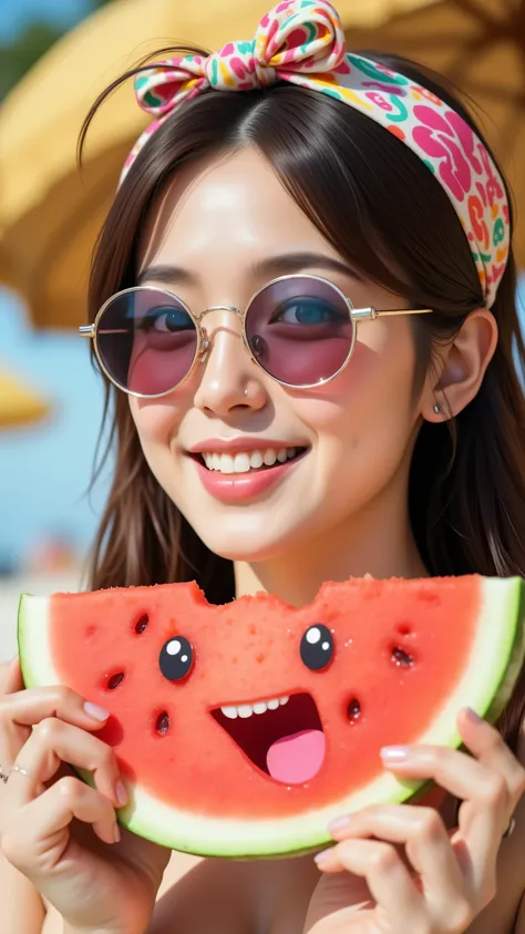 8k, Masterpiece, Top Quality, close-up shot, beautiful Korean woman, playful expression, joyful, holding cartoon watermelon slice with animated face, long dark hair with colorful patterned headband, round reflective sunglasses, vibrant summer beach setting...