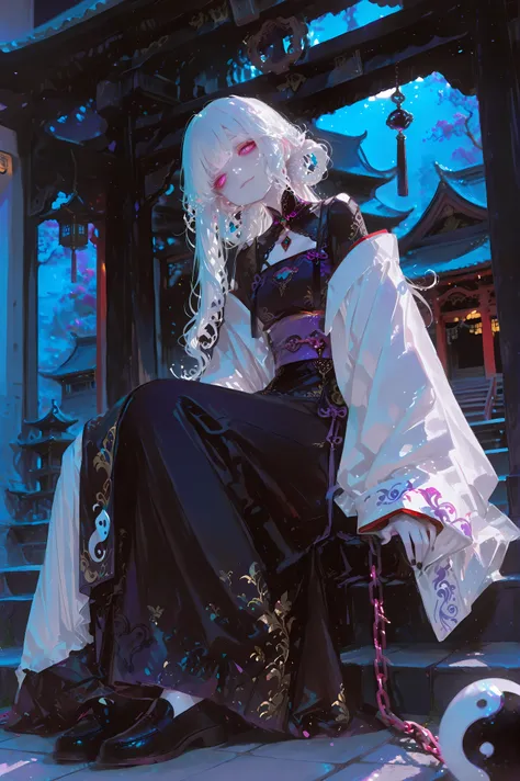 1girl, shrine maiden clothes, black long china dress, full body, castle, white haori, black long cheongsam, long Qipao, Off-Shoulder,white hair, long hair, curly hair, black nail polish, neck jewel, light smile, playful eyes, pale skin, purple obi, moonlig...