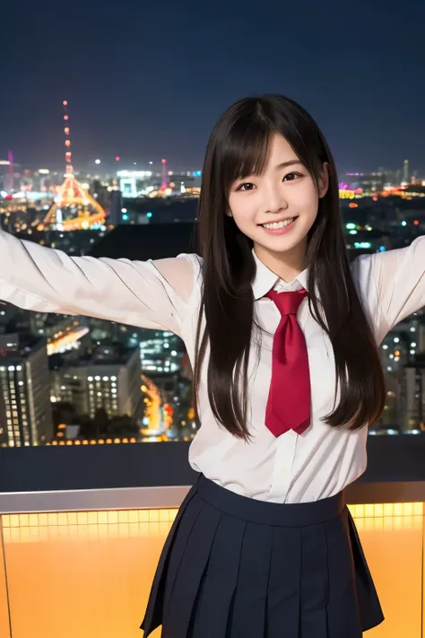 A cheerful Japanese high school girl with long black hair, wearing a school uniform. She is smiling brightly and spreading her arms wide as if presenting the Osaka cityscape or Expo 2025-inspired futuristic background behind her. Anime-style, daylight, joy...
