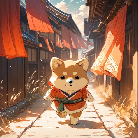 (masterpiece, best quality, ultra-detailed), a cute stylized anthropomorphic semi-human Shiba Inu with a rounded face, small black puppy-like eyes, short light brown fur with white markings, and symmetrical forward-facing ears. It is wearing a traditional ...