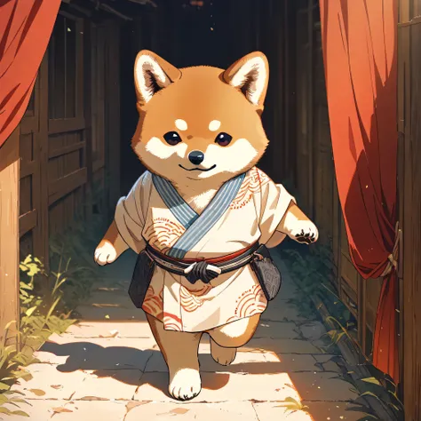 (masterpiece, best quality, ultra-detailed), a cute stylized anthropomorphic semi-human Shiba Inu with a rounded face, small black puppy-like eyes, short light brown fur with white markings, and symmetrical forward-facing ears. It is wearing a traditional ...