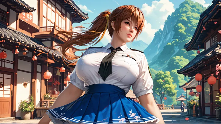 kasumi, Japanese beautiful girl, dead or alive, ponytail, jk uniform, mini skirt,, huge breasts, cowboy shots, half body