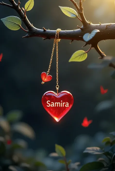 " Hanging on a fallen branch {x} A beautiful bright red shiny heart plaque,It's decorated with a delicate extra long gold necklace chain & The heart is attached to the last point of the chain , A beautiful little red heart icon , With bright red bold lett...